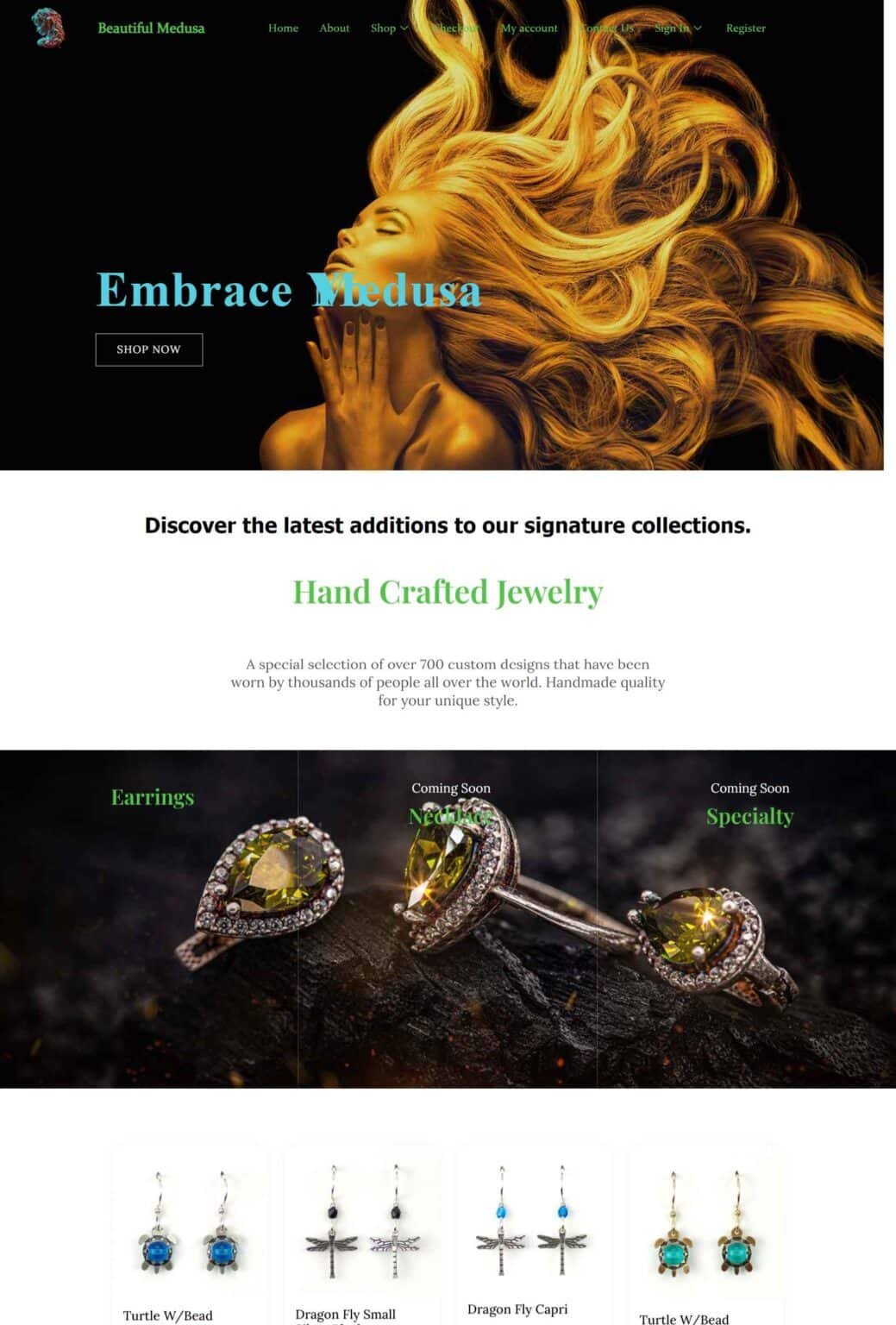 Explore our completed website development project, designed to elevate your online brand and customer engagement. Beautiful-Medusa selling jewelry website